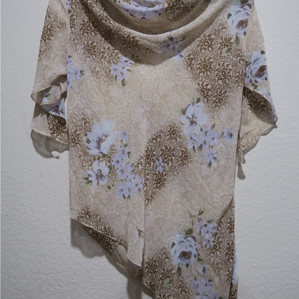 Floral Beige, Blue, and Brown Women's Top y2k, early 2000s